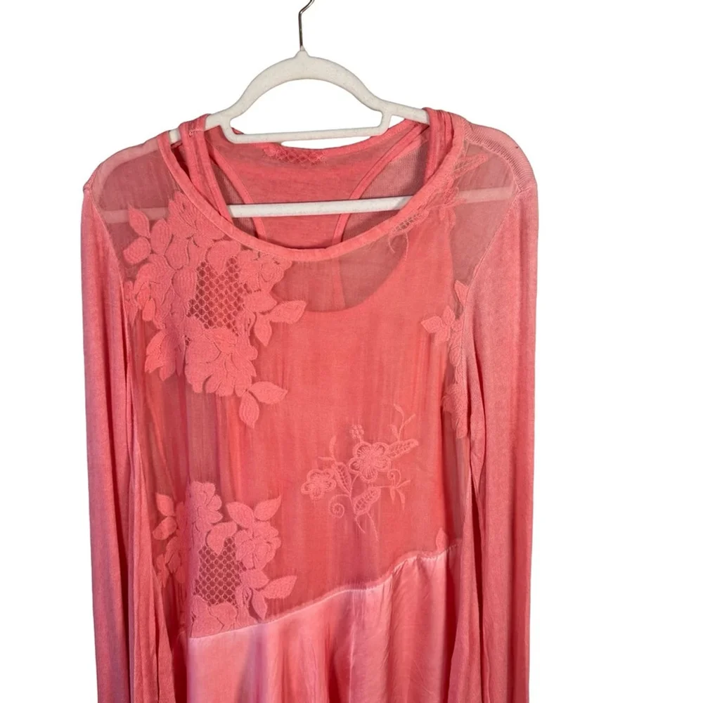 Boho Cottagecore Coral Floral Lace Tunic With Tank Size XS S Stretch Sheer - Picture 11 of 16